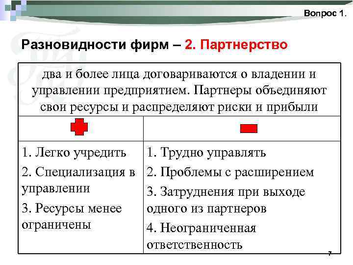 Вопрос 1. Разновидности фирм – 2. Партнерство два и более лица договариваются о владении