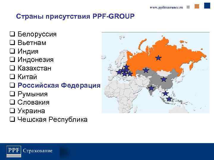  Страны присутствия PPF-GROUP Белоруссия Вьетнам Индия Индонезия Казахстан Китай Российская Федерация Румыния Словакия