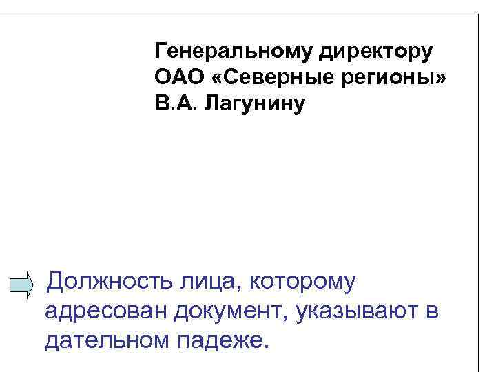 Генеральному директору ОАО «Северные регионы» В. А. Лагунину Должность лица, которому адресован документ, указывают