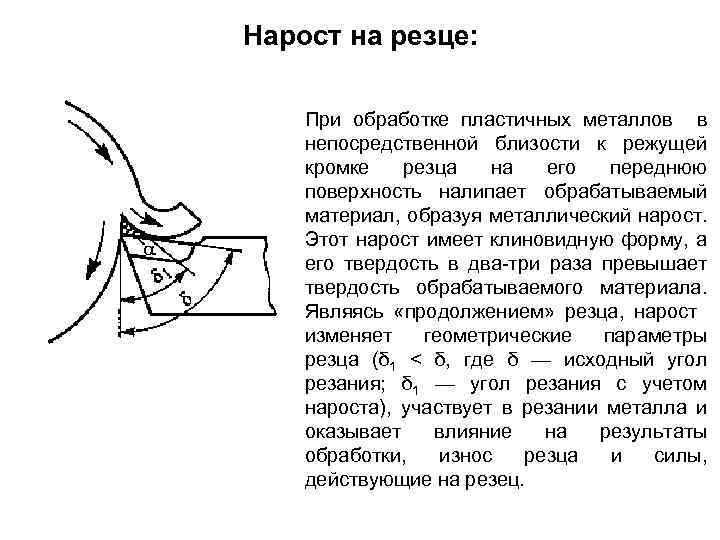 Нарост на резце: При обработке пластичных металлов в непосредственной близости к режущей кромке резца