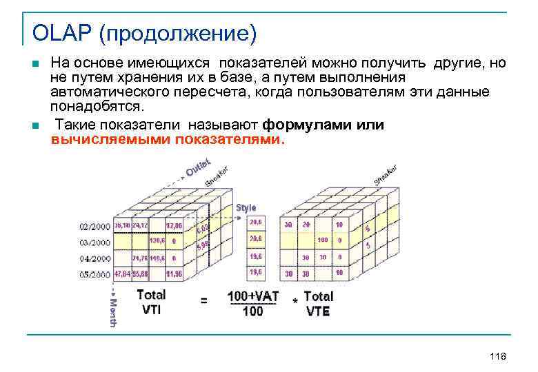 OLAP (продолжение) n n На основе имеющихся показателей можно получить другие, но не путем