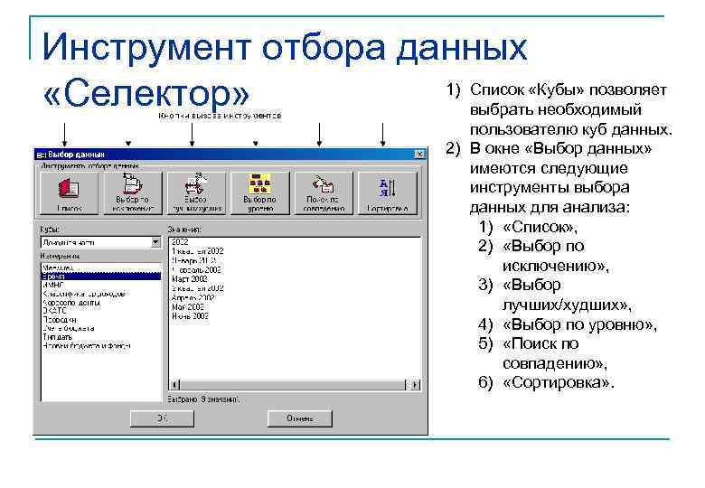 Инструмент отбора данных 1) Список «Кубы» позволяет «Селектор» выбрать необходимый пользователю куб данных. 2)