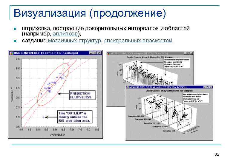Визуализация (продолжение) n n штриховка, построение доверительных интервалов и областей (например, эллипсов), создание мозаичных