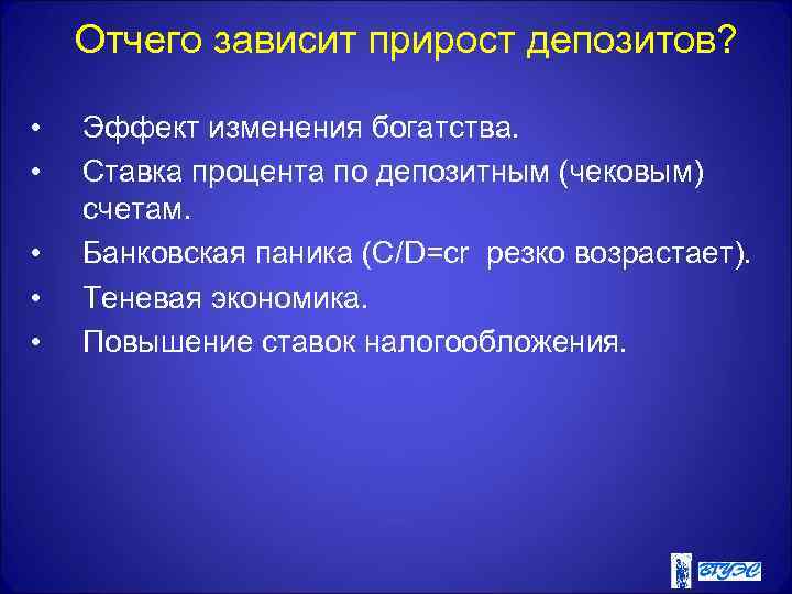 Отчего зависит прирост депозитов? • • • Эффект изменения богатства. Ставка процента по депозитным
