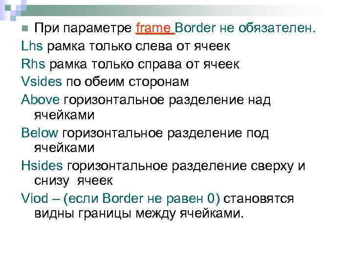 При параметре frame Border не обязателен. Lhs рамка только слева от ячеек Rhs рамка