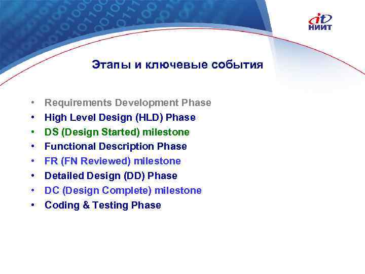 Этапы и ключевые события • • Requirements Development Phase High Level Design (HLD) Phase