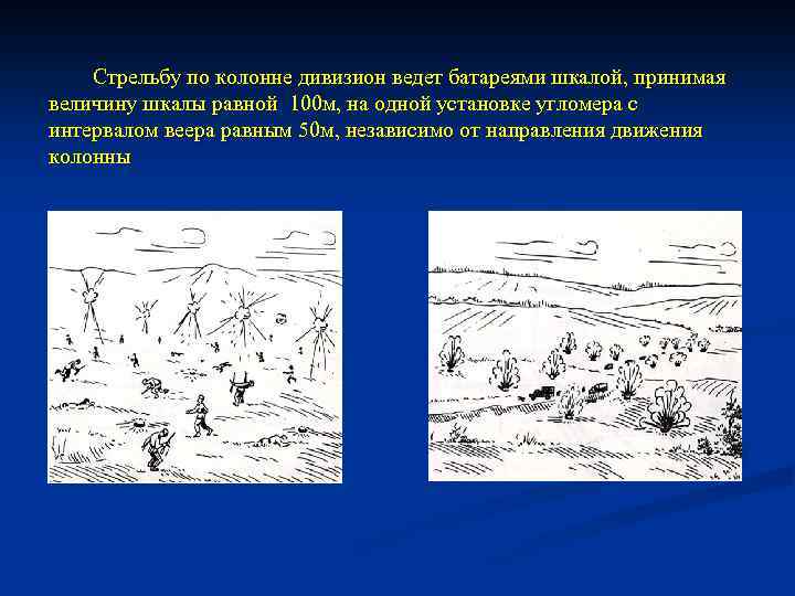 Стрельбу по колонне дивизион ведет батареями шкалой, принимая величину шкалы равной 100 м, на