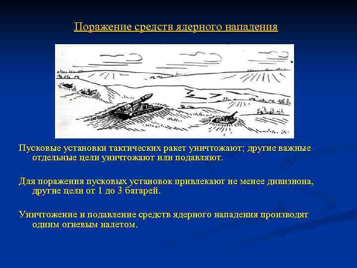 Поражение средств ядерного нападения Пусковые установки тактических ракет уничтожают; другие важные отдельные цели уничтожают