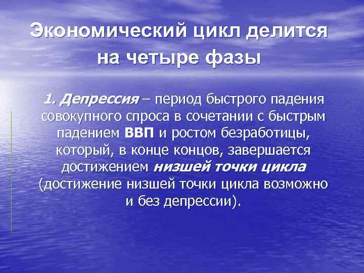 Экономический цикл делится на четыре фазы 1. Депрессия – период быстрого падения совокупного спроса