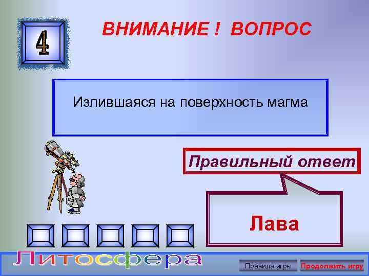 ВНИМАНИЕ ! ВОПРОС Излившаяся на поверхность магма Правильный ответ Лава Правила игры Продолжить игру