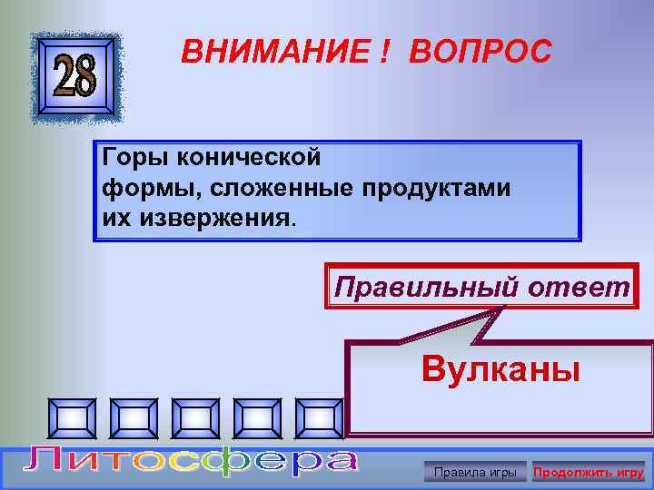 ВНИМАНИЕ ! ВОПРОС Горы конической формы, сложенные продуктами их извержения. Правильный ответ Вулканы Правила