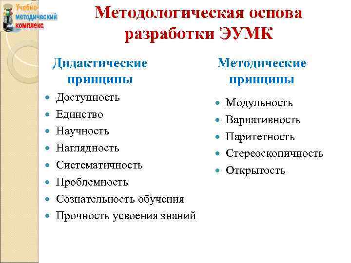 Методологическая основа разработки ЭУМК Дидактические принципы Доступность Единство Научность Наглядность Систематичность Проблемность Сознательность обучения