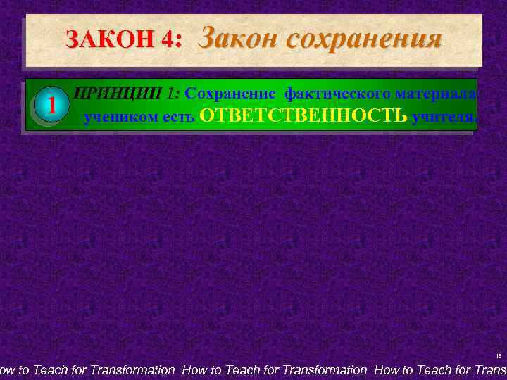 ЗАКОН 4: 1 Закон сохранения ПРИНЦИП 1: Сохранение фактического материала учеником есть ОТВЕТСТВЕННОСТЬ учителя.