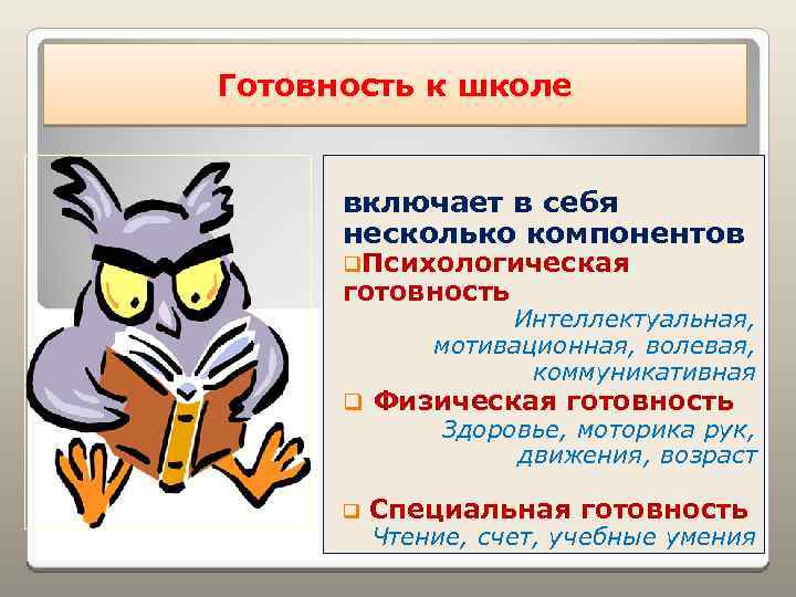 Готовность к школе включает в себя несколько компонентов q. Психологическая готовность Интеллектуальная, мотивационная, волевая,