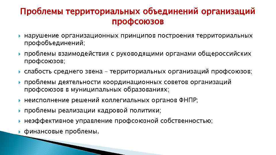 Проблемы территориальных объединений организаций профсоюзов нарушение организационных принципов построения территориальных профобъединений; проблемы взаимодействия с
