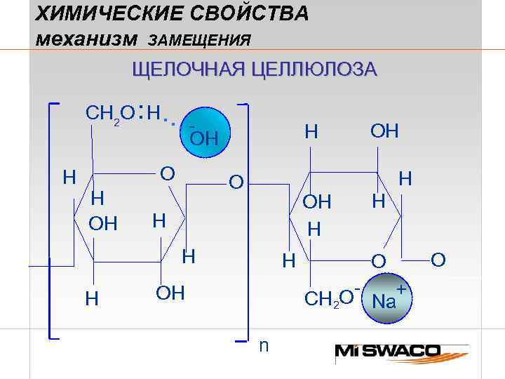 ХИМИЧЕСКИЕ СВОЙСТВА механизм ЗАМЕЩЕНИЯ ЩЕЛОЧНАЯ ЦЕЛЛЮЛОЗА : CH 2 O H. . H .