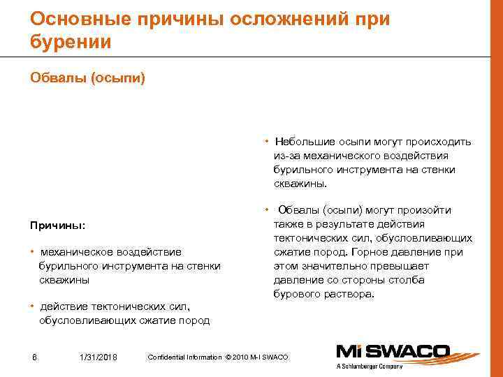 Основные причины осложнений при бурении Обвалы (осыпи) • Небольшие осыпи могут происходить из-за механического