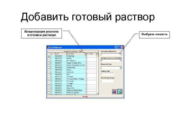 Добавить готовый раствор Концентрация реагента в готовом растворе Выбрать емкость 