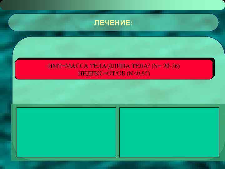 ЛЕЧЕНИЕ: ИМТ=МАССА ТЕЛА/ДЛИНА ТЕЛА² (N= 20 -26) ИНДЕКС=ОТ/ОБ (N<0, 85) 