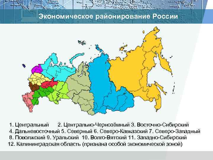Экономическое районирование России 1. Центральный 2. Центрально Чернозёмный 3. Восточно Сибирский 4. Дальневосточный 5.