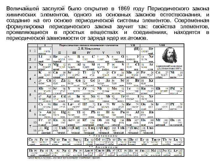 Величайшей заслугой было открытие в 1869 году Периодического закона химических элементов, одного из основных