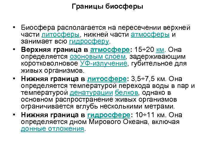 Границы биосферы • Биосфера располагается на пересечении верхней части литосферы, нижней части атмосферы и