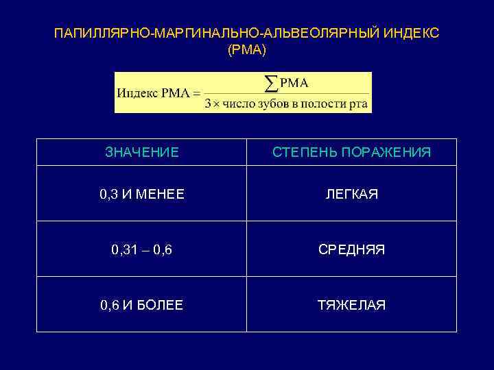ПАПИЛЛЯРНО-МАРГИНАЛЬНО-АЛЬВЕОЛЯРНЫЙ ИНДЕКС (РМА) ЗНАЧЕНИЕ СТЕПЕНЬ ПОРАЖЕНИЯ 0, 3 И МЕНЕЕ ЛЕГКАЯ 0, 31 –