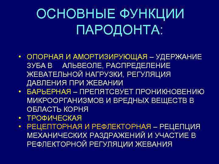 ОСНОВНЫЕ ФУНКЦИИ ПАРОДОНТА: • ОПОРНАЯ И АМОРТИЗИРУЮЩАЯ – УДЕРЖАНИЕ ЗУБА В АЛЬВЕОЛЕ, РАСПРЕДЕЛЕНИЕ ЖЕВАТЕЛЬНОЙ