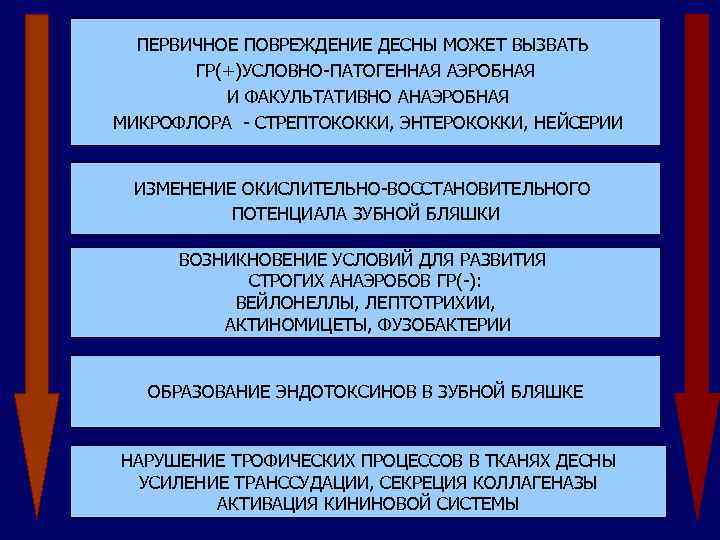 ПЕРВИЧНОЕ ПОВРЕЖДЕНИЕ ДЕСНЫ МОЖЕТ ВЫЗВАТЬ ГР(+)УСЛОВНО-ПАТОГЕННАЯ АЭРОБНАЯ И ФАКУЛЬТАТИВНО АНАЭРОБНАЯ МИКРОФЛОРА - СТРЕПТОКОККИ, ЭНТЕРОКОККИ,