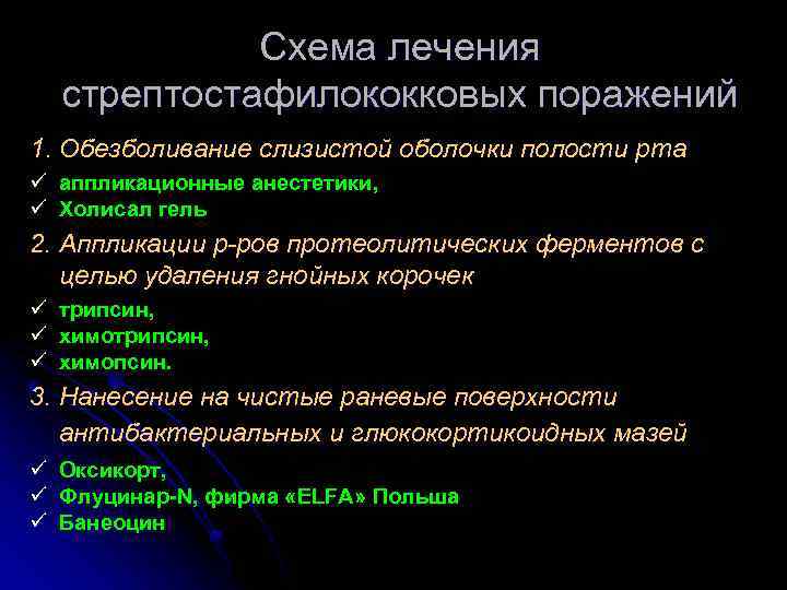 Схема лечения стрептостафилококковых поражений 1. Обезболивание слизистой оболочки полости рта ü аппликационные анестетики, ü