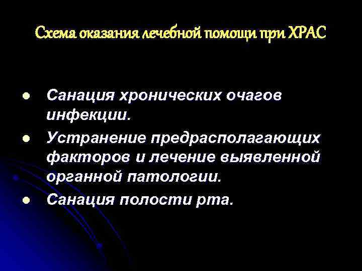 Схема оказания лечебной помощи при ХРАС l l l Санация хронических очагов инфекции. Устранение
