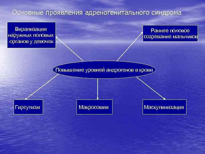 Основные проявления адреногенитального синдрома Вирализация наружных половых органов у девочек Раннее половое созревание мальчиков