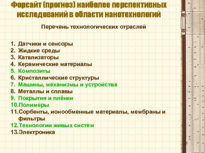 Форсайт (прогноз) наиболее перспективных исследований в области нанотехнологий Перечень технологических отраслей 1. Датчики и