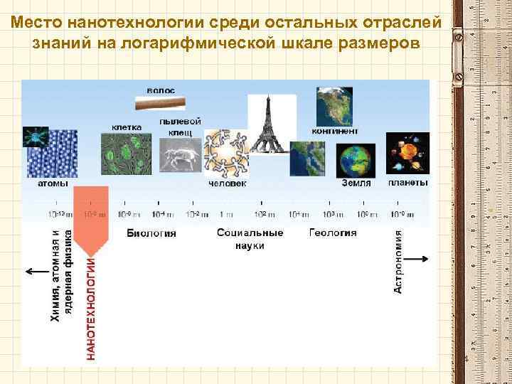 Место нанотехнологии среди остальных отраслей знаний на логарифмической шкале размеров 4 