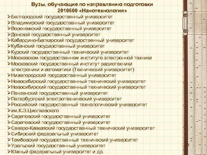 Вузы, обучающие по направлению подготовки 2010600 «Нанотехнология» ØБелгородский государственный университет ØВладимирский государственный университет ØВоронежский