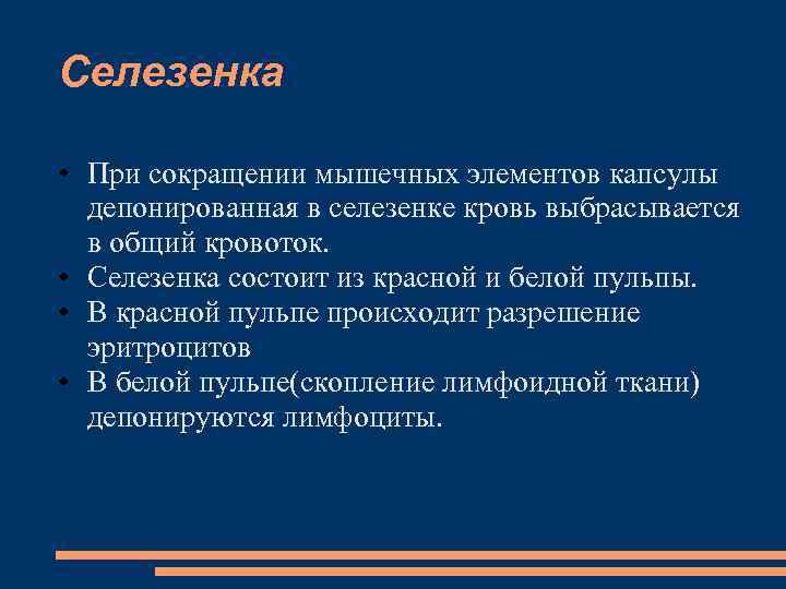 Селезенка • При сокращении мышечных элементов капсулы депонированная в селезенке кровь выбрасывается в общий