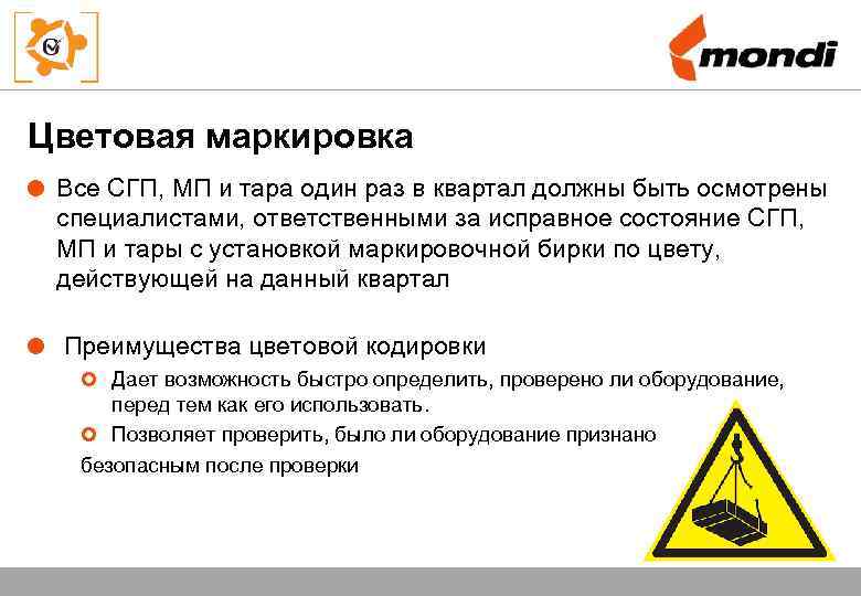 Цветовая маркировка Все СГП, МП и тара один раз в квартал должны быть осмотрены