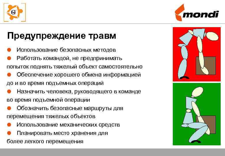 Предупреждение травм Использование безопасных методов Работать командой, не предпринимать попыток поднять тяжелый объект самостоятельно