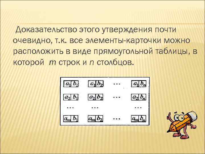 Доказательство этого утверждения почти очевидно, т. к. все элементы-карточки можно расположить в виде прямоугольной