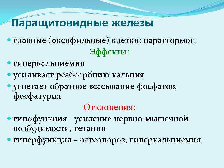 Паращитовидные железы главные (оксифильные) клетки: паратгормон Эффекты: гиперкальциемия усиливает реабсорбцию кальция угнетает обратное всасывание