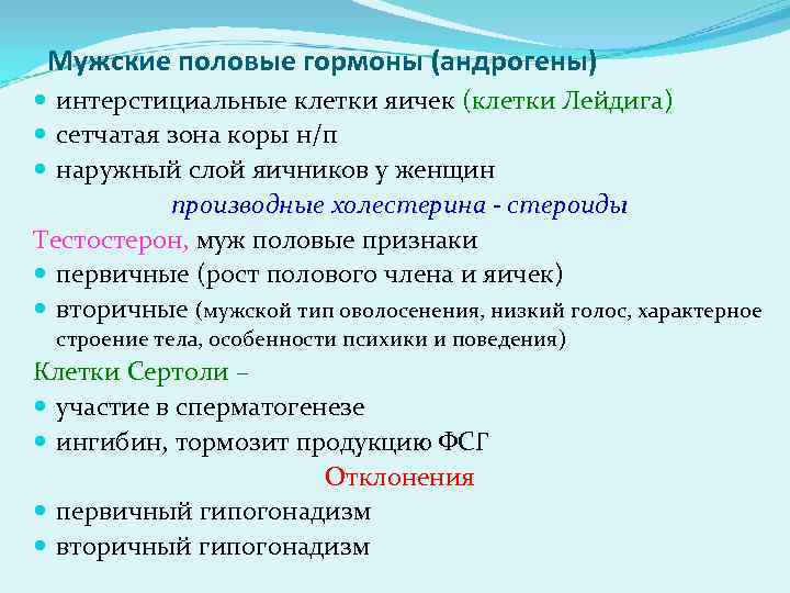 Мужские половые гормоны (андрогены) интерстициальные клетки яичек (клетки Лейдига) сетчатая зона коры н/п наружный