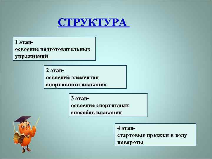 СТРУКТУРА 1 этапосвоение подготовительных упражнений 2 этапосвоение элементов спортивного плавания 3 этапосвоение спортивных способов