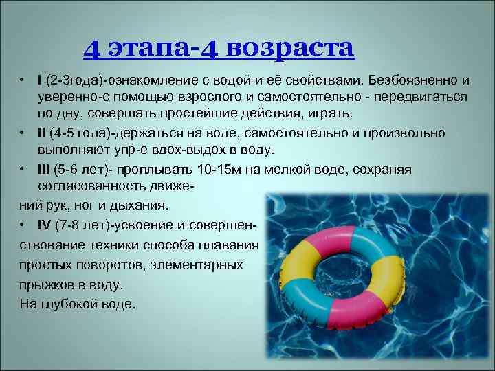 4 этапа-4 возраста • I (2 -3 года)-ознакомление с водой и её свойствами. Безбоязненно