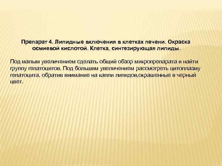 Препарат 4. Липидные включения в клетках печени. Окраска осмиевой кислотой. Клетка, синтезирующая липиды. Под