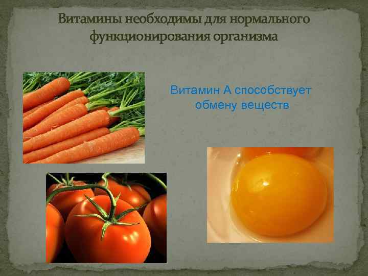 Витамины необходимы для нормального функционирования организма Витамин А способствует обмену веществ 
