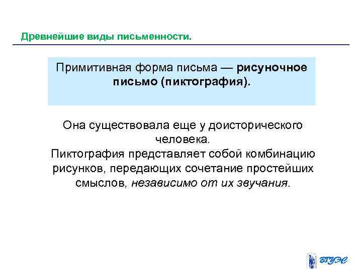 Древнейшие виды письменности. Примитивная форма письма — рисуночное письмо (пиктография). Она существовала еще у