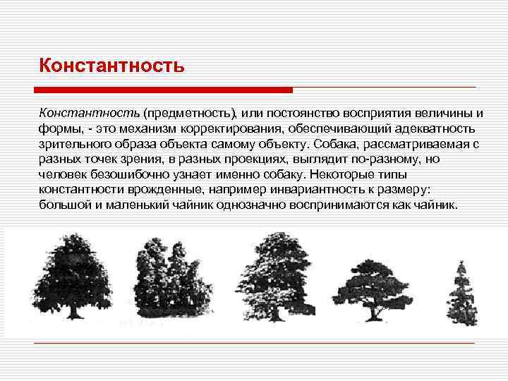 Константность (предметность), или постоянство восприятия величины и формы, - это механизм корректирования, обеспечивающий адекватность