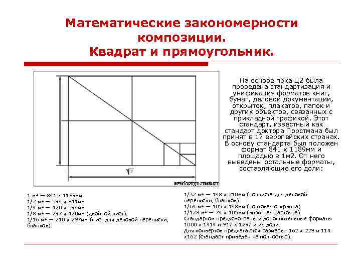 Математические закономерности композиции. Квадрат и прямоугольник. На основе прка Ц 2 была проведена стандартизация