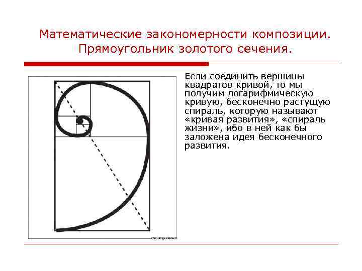 Математические закономерности композиции. Прямоугольник золотого сечения. Если соединить вершины квадратов кривой, то мы получим