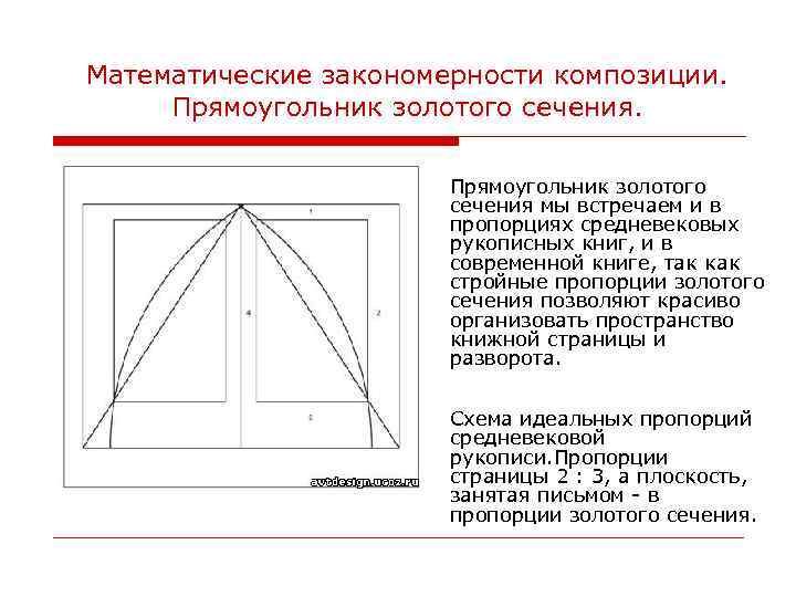 Математические закономерности композиции. Прямоугольник золотого сечения мы встречаем и в пропорциях средневековых рукописных книг,